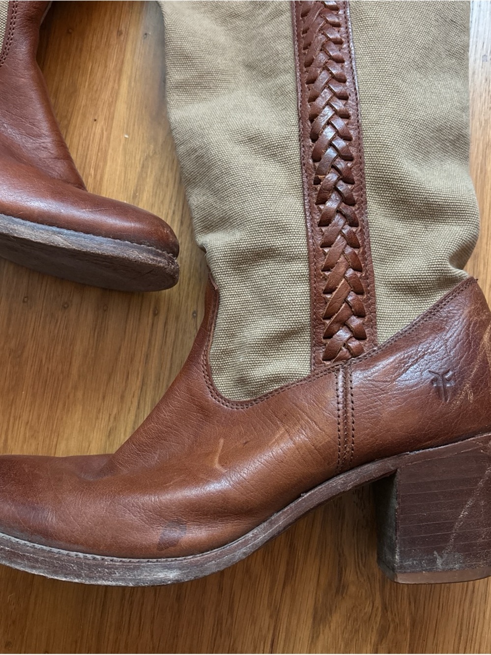 Vintage Jane Frye 10 Knee High Boots Braided Leather Brown Round Toe Canvas - Picture 2 of 9